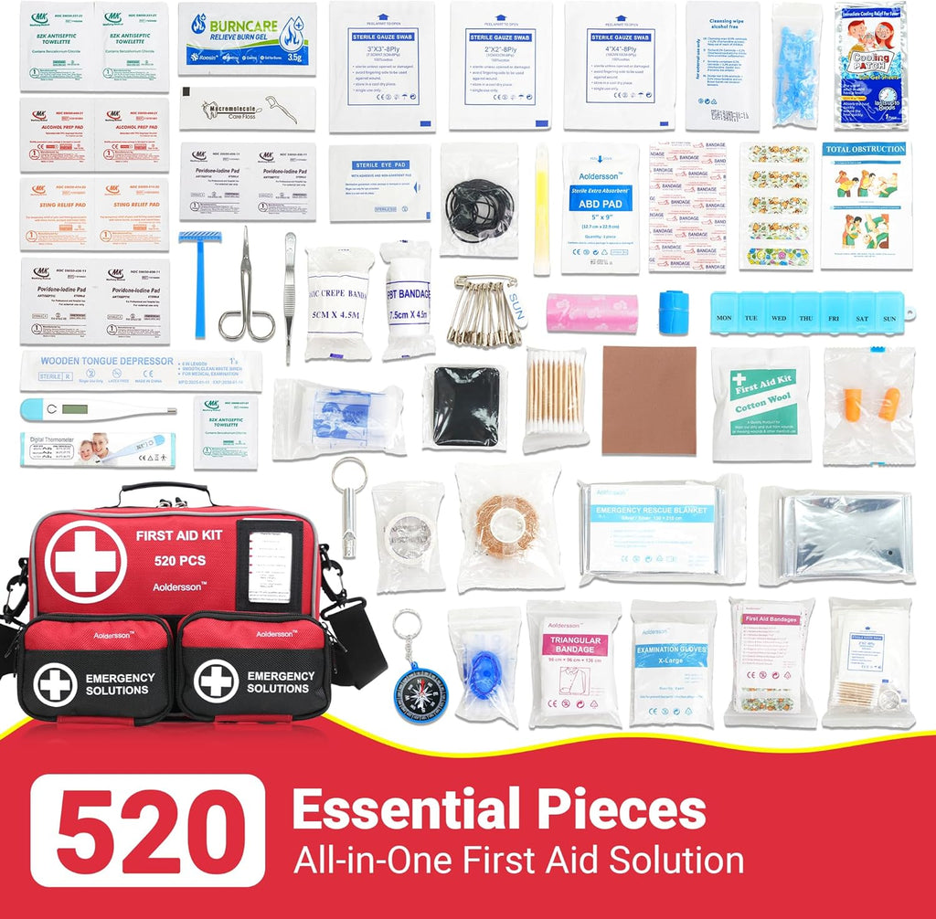 520 Piece Large First Aid Kit – Emergency Survival Kit for Car, Home, Camping, and Travel – Compact Medical Kit for