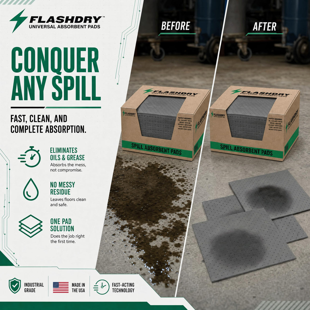 FLASHDRY Universal Spill Absorbent Pads, 17.5" x 13.5", 300-Count