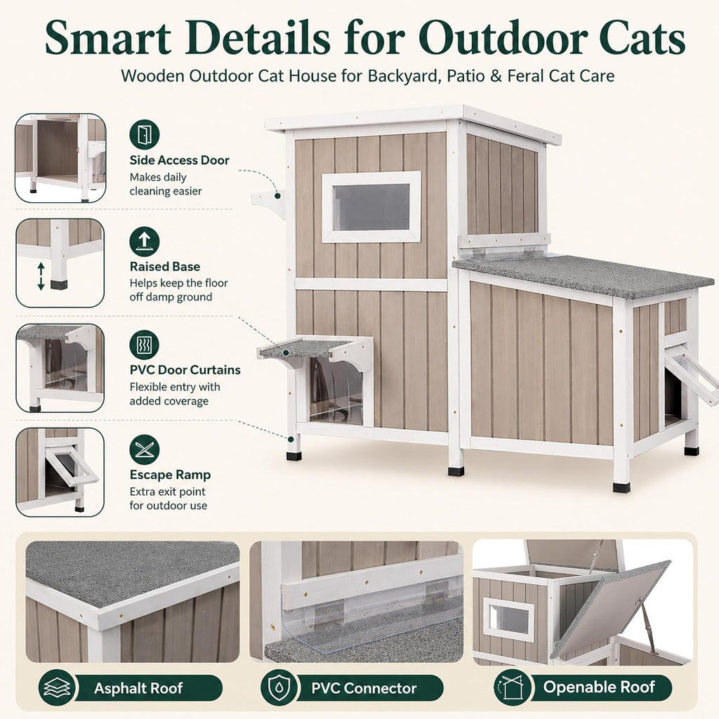 Outrdoor Cat House for 2-3 Cats Safe Outdoor Feral Cat Shelter Weatherproof Wooden Cat Houses with 3 Rooms 3 Escape