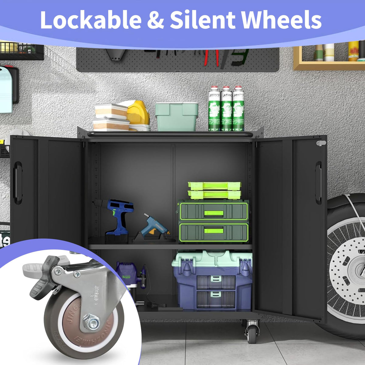 Metal Garage Storage Cabinet on Wheels, Lockable Rolling Tool Cabinet