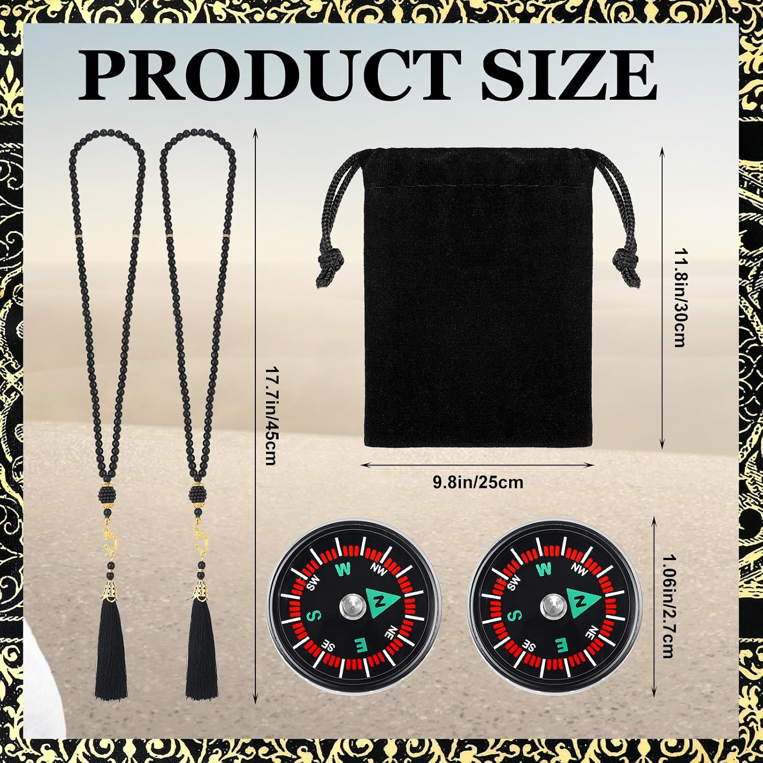 10 Pcs Muslim Prayer Rug Islamic Prayer Mat with Kufi Hats Prayer Cap, Muslim Tasbih Prayer Beads, Portable Compass