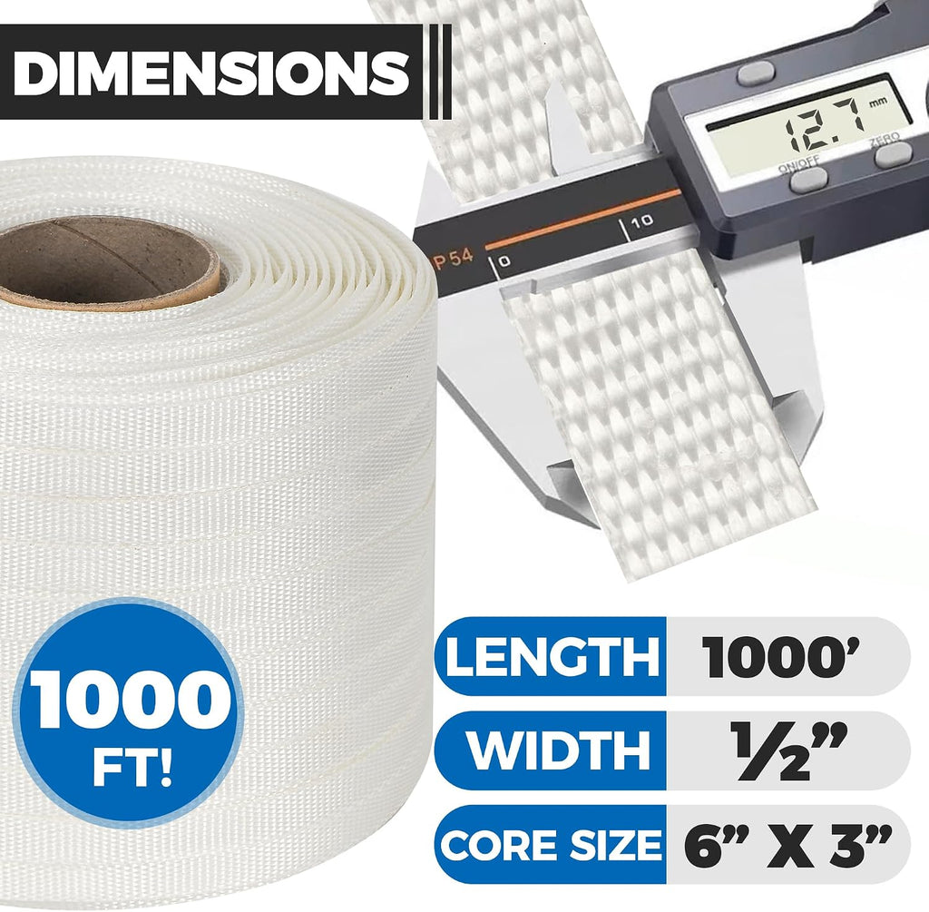 Heavy Duty Woven Cord Flat Rope - 1000ft x ½” Roll - Banding & Pallet Strapping Kit - Includes Virgin Polyester