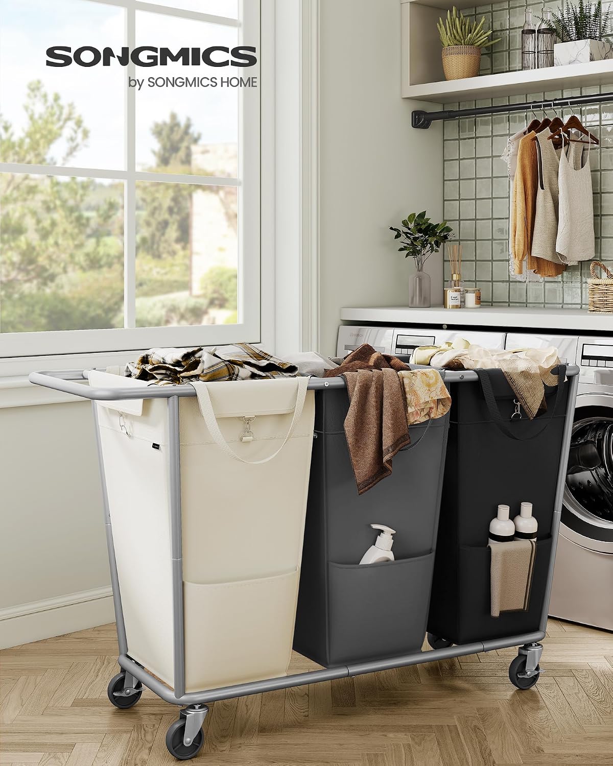 Laundry Basket with Wheels, 3-Section Laundry Sorter, 76.6 Gallons (290 L) Rolling Hamper with Removable Bags