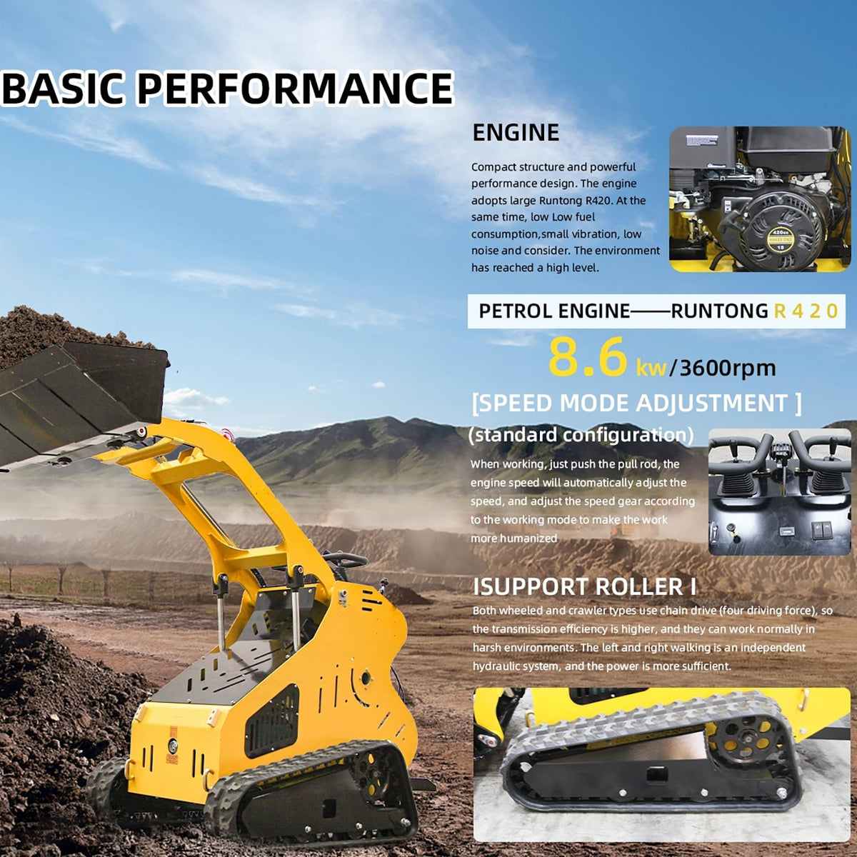 Mini Skid Steer Loader with 13.5 Hp EPA Gasoline Engine, Compact Skid Steer Loader for Farm, Tight Space and Farm