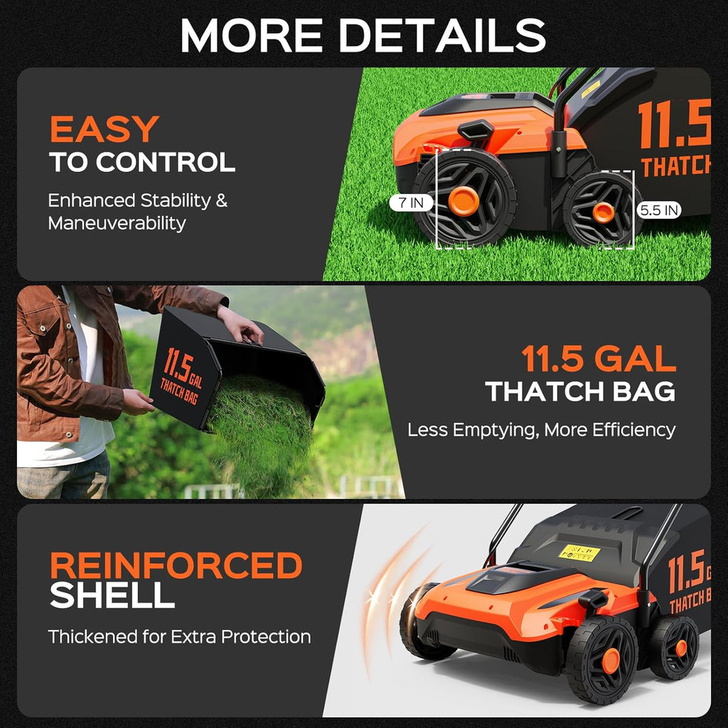 14-Inch 13.5 Amp 2-in-1 Electric Dethatcher and Scarifier with 11.5-Gallon Collection Bag, Lawn Dethatcher with