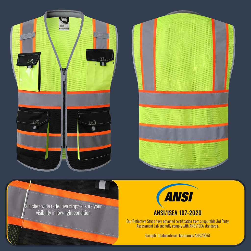 Safety Vest for Men Women Hi Vis with Pockets and Cushioned Collar Construction Vest Meet ANSI Standard (BX360)