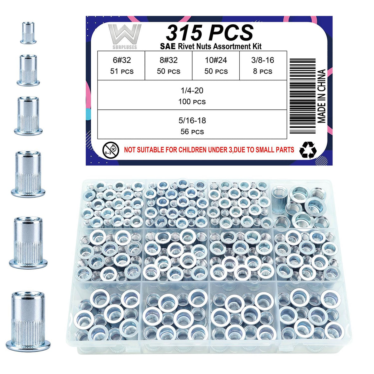 315Pcs SAE Rivet Nut Kit, SAE Nutsert Rivnut Kit,Threaded Inserts for Metal