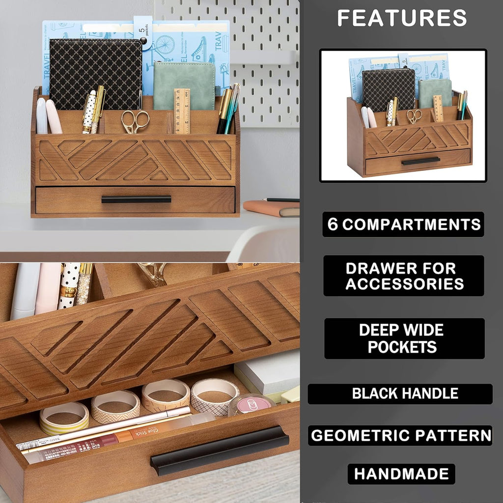 Brown Wood Desk Organizer and Accessories with Drawer, Bill Mail Organizer and File Mail Holder for Office Supplies
