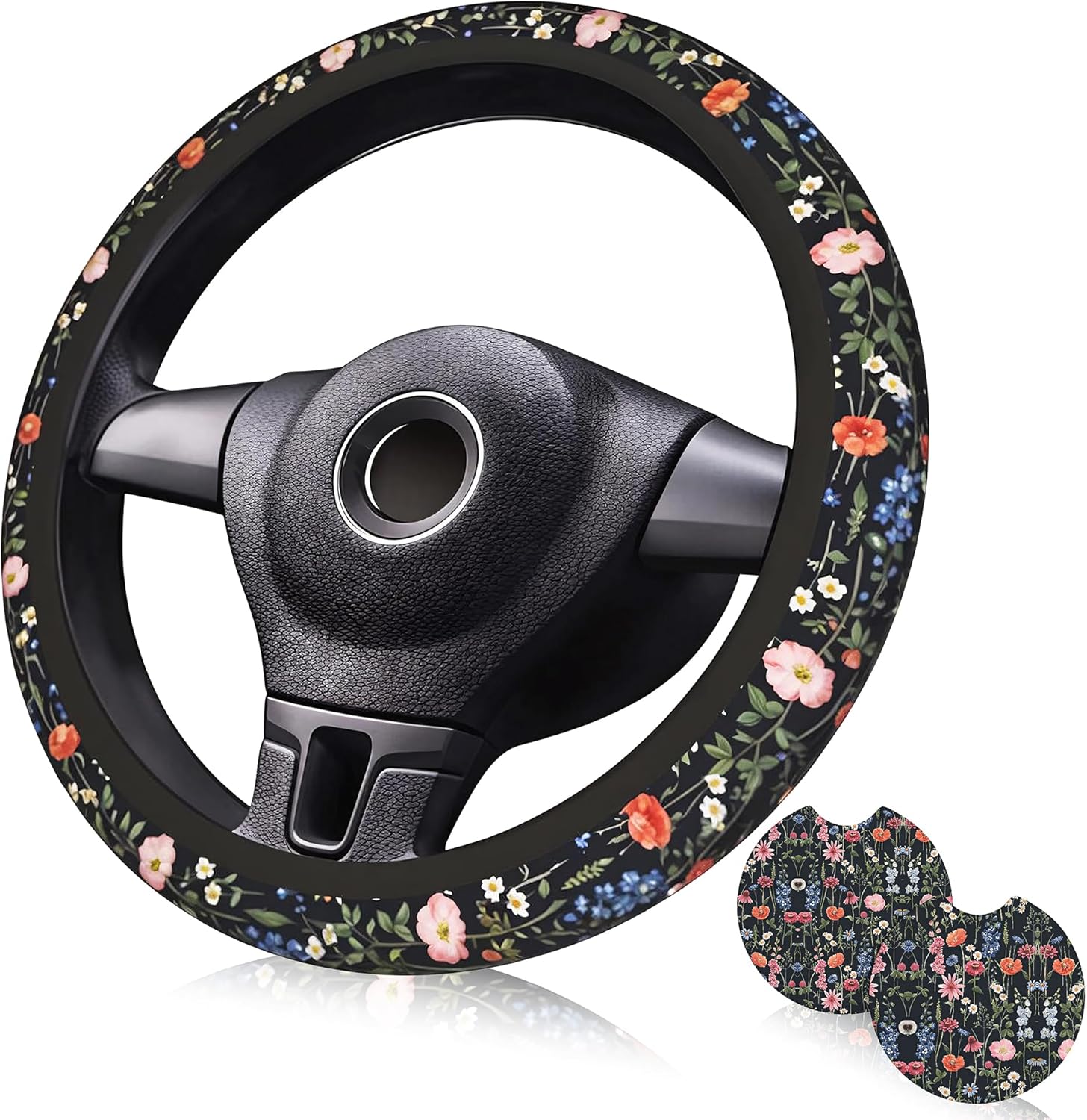 Wildflower Car Steering Wheel Cover + 2 Pieces Car Coasters 15 Inch | Multicolor Wildflower Steering Wheel Cover
