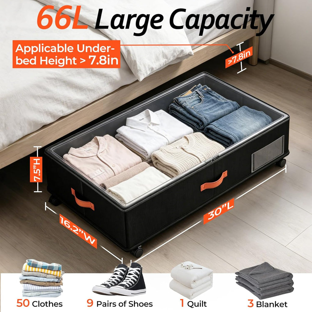 Under Bed Storage with Wheels 2-Pack, Under Bed Storage Containers 66L Clear Lids, Rolling Storage Drawers for