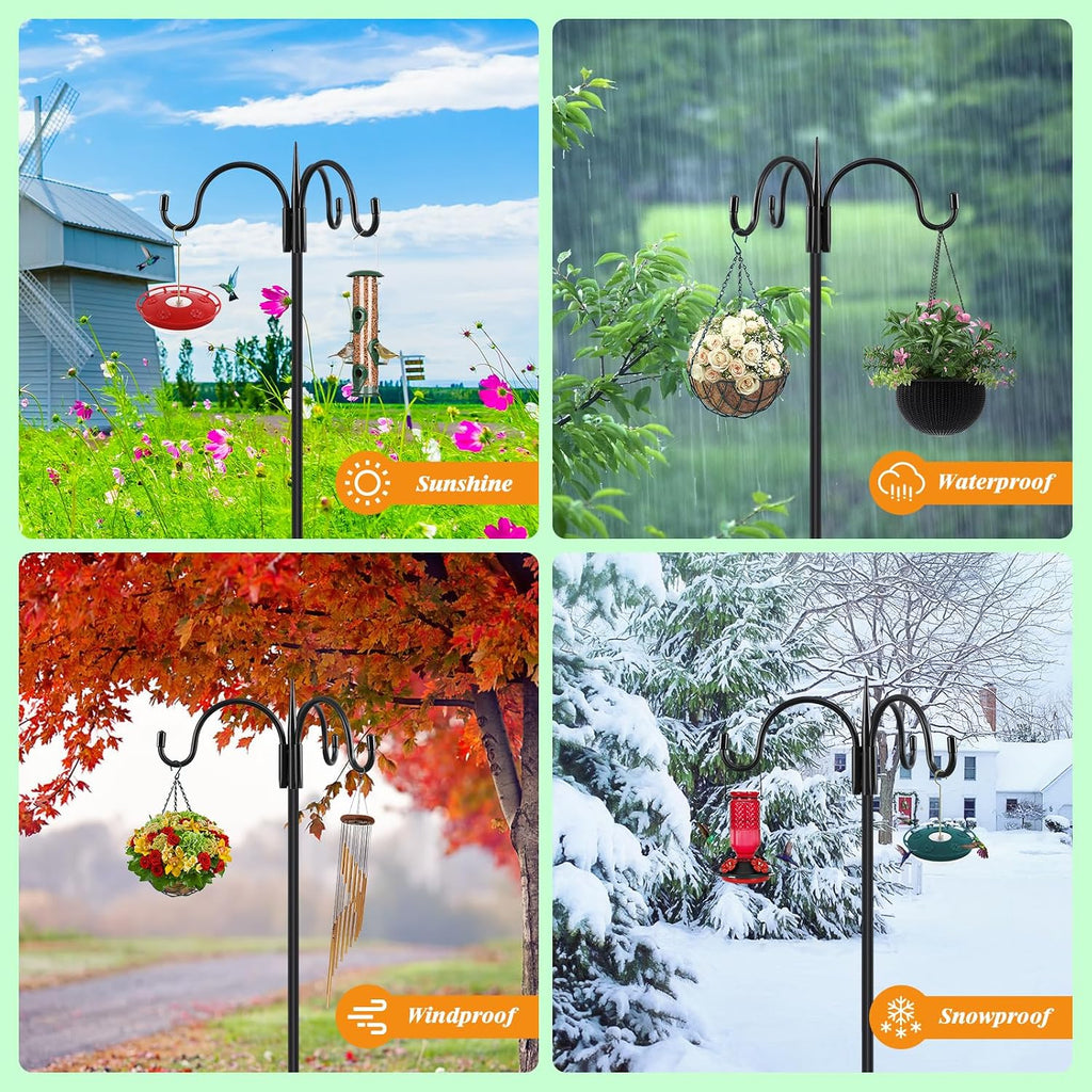 Heavy Duty Shepherds Hook 76" Triple Hooks - Metal 5-Prong Base, Adjustable (44/60/76") - 17lb Capacity Bird Feeder