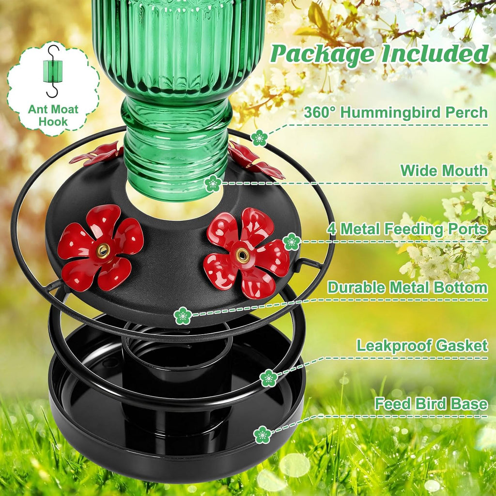 Glass Hummingbird Feeder 2 Pack, 16oz Leak-Proof with Ant Moat & Bee Guards, Easy Clean Wide Mouth, Metal Perches