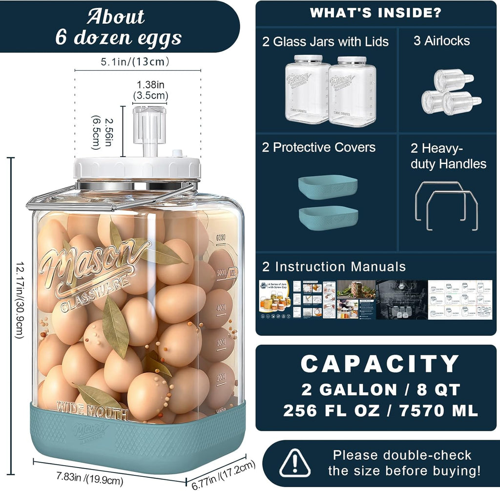 Large Fermentation Jars with Airlock, 2 Gallon Glass Jar with Lid | 2 Pack Square Wide Mouth Mason Jar, Stainless