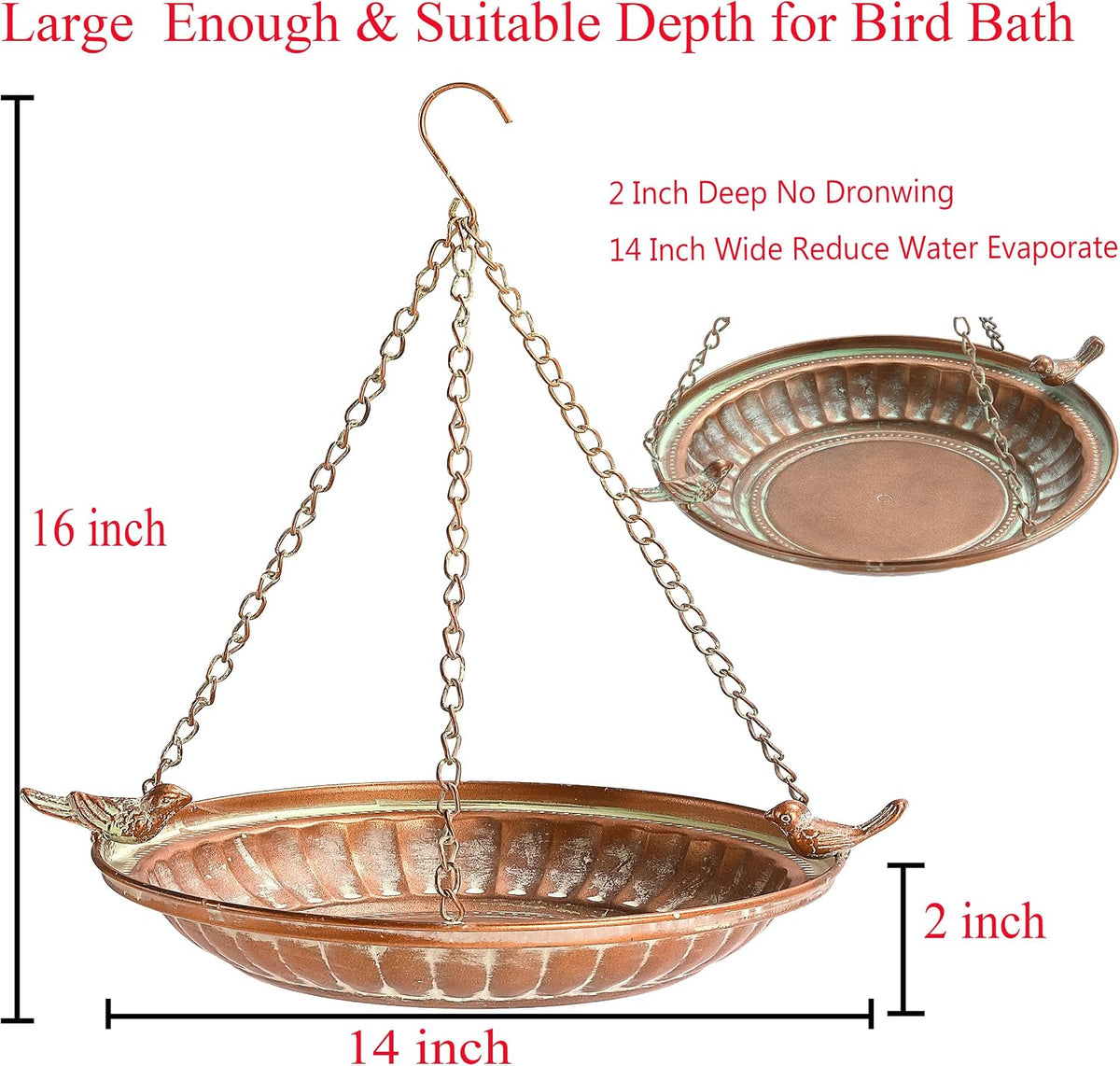 16" Hanging Bird Bath for Outdoors, Metal Bird Bath Bowl