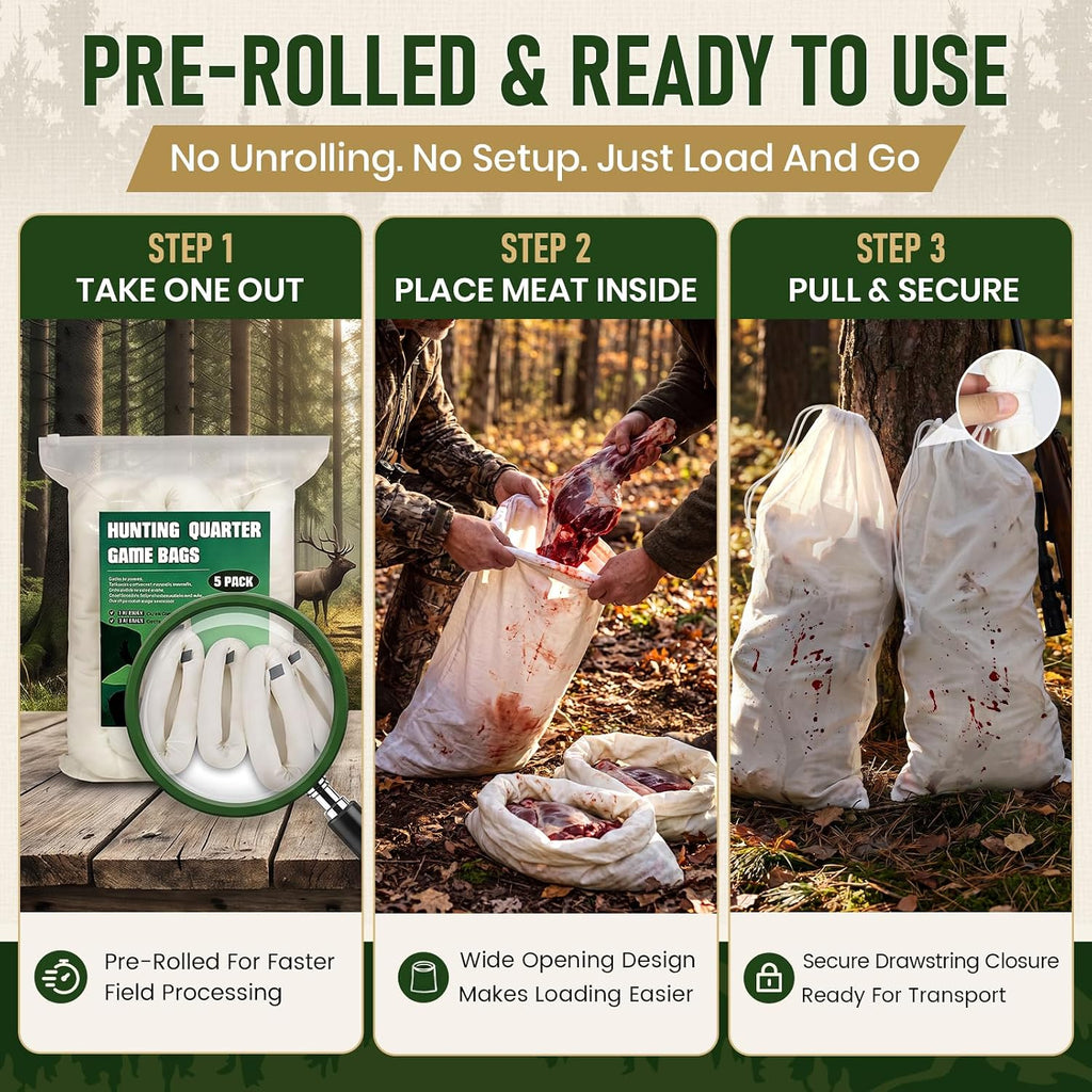 Game Bags Elk Hunting Meat Bags, 48inch/60inch 5-Pack Rolled Heavy Duty Quarter Bags, Reusable & Breathable Meat Game