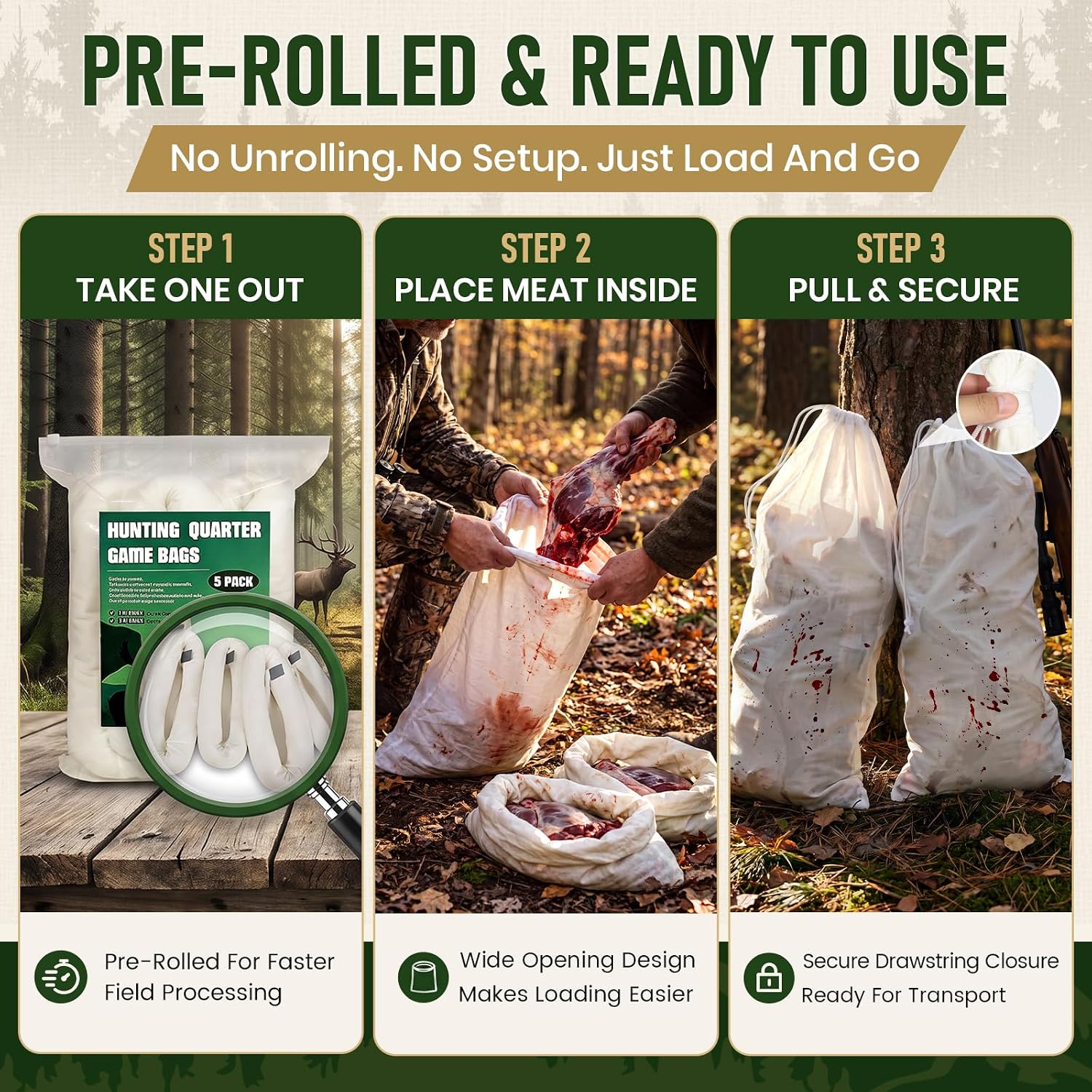 Game Bags Elk Hunting Meat Bags, 48inch/60inch 5-Pack Rolled Heavy Duty Quarter Bags, Reusable & Breathable Meat Game