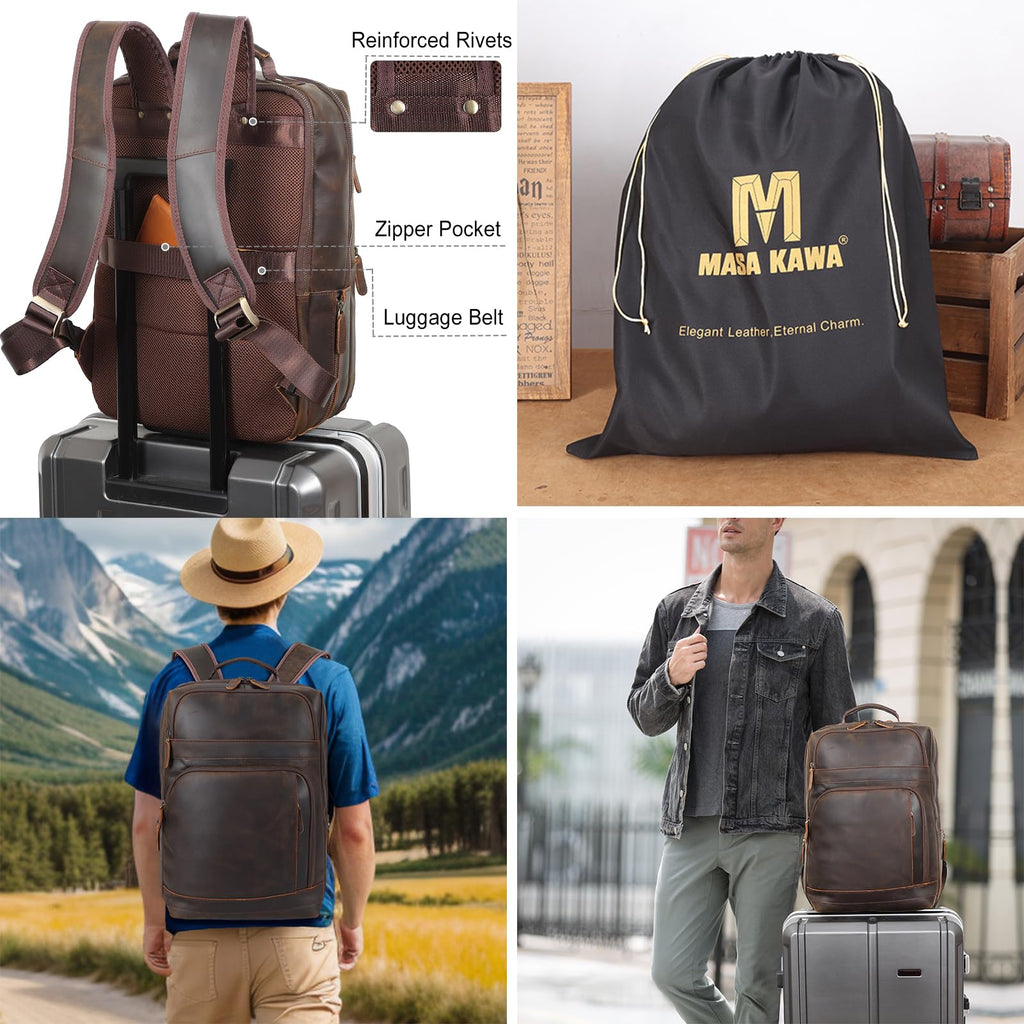 Brown Leather Laptop Backpack for Men 16 Inch Computer Work Bag