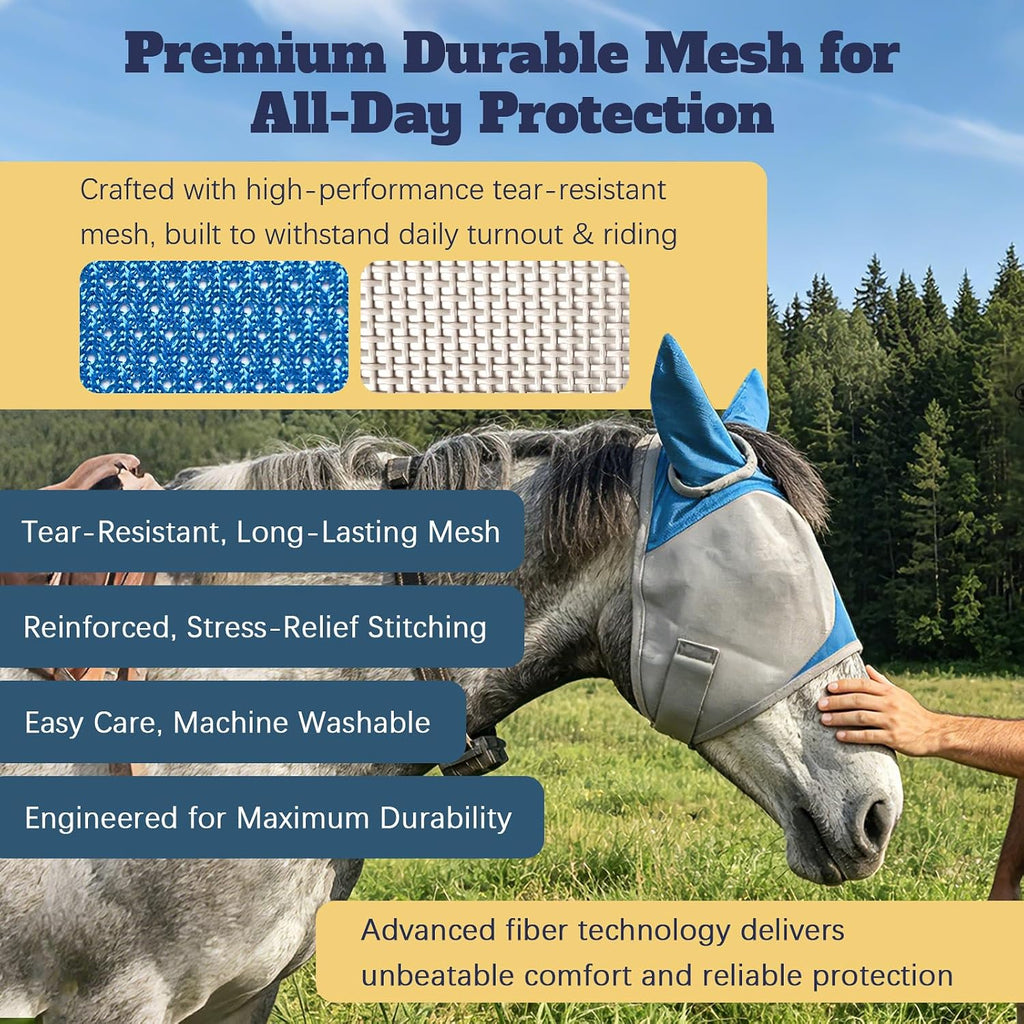 Horse Fly Mask with Ears, Breathable UV Protection Mesh, Large Eye Space No Rubbing, Soft Fleece Trim, Adjustable
