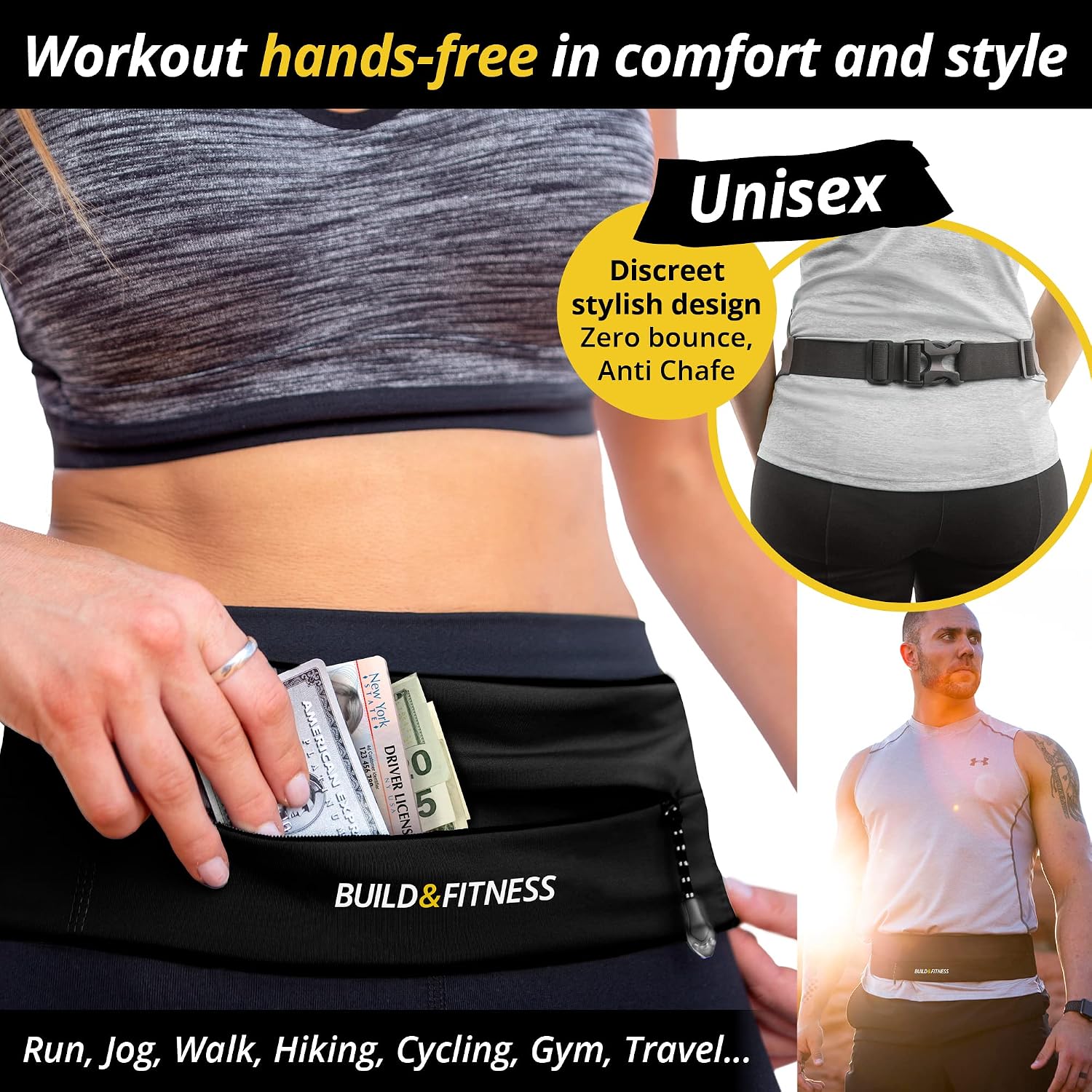 Zipper Running Belt – Adjustable Waist Pack, Slim, Light, YKK Zip, Secure Key Clip – Fits ALL Cell Phones, Keys