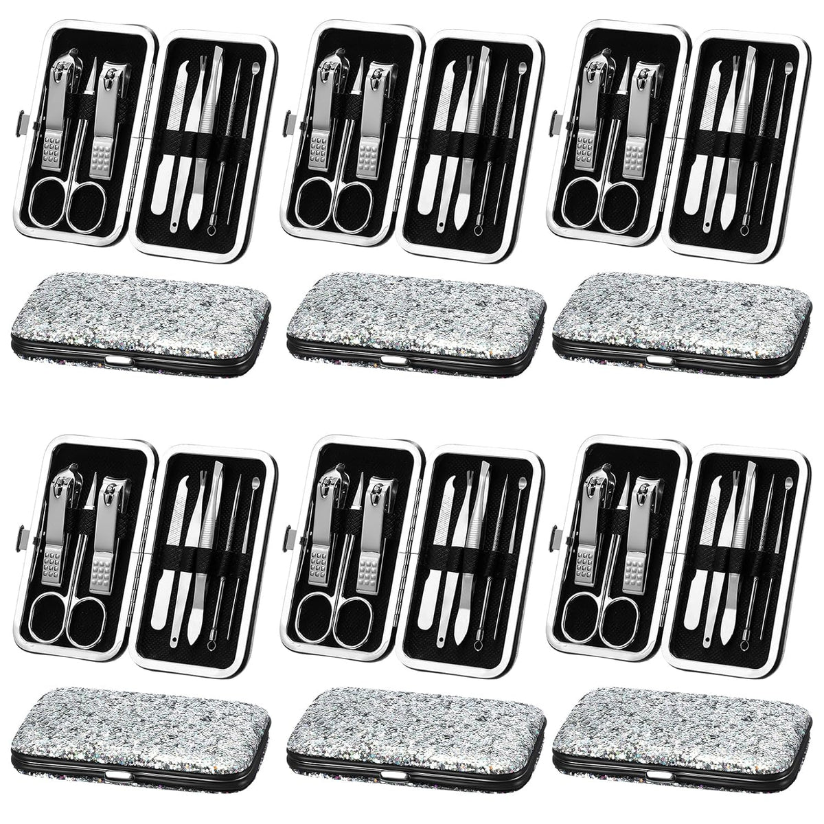 12 Set 8 in 1 Manicure Kit Gifts Nail Clippers, Glitter Silver