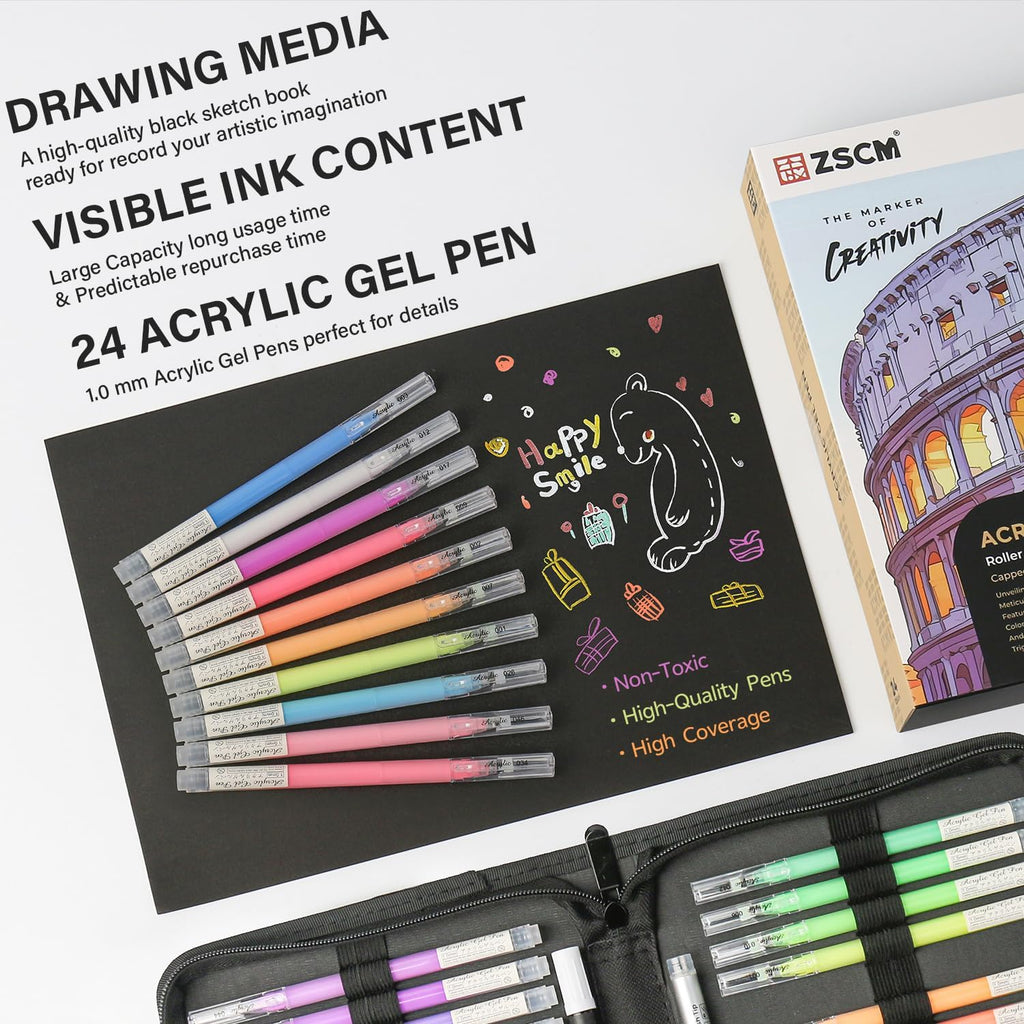 ZSCM 24 Colors 3D Acrylic Gel Pens & Black Paper Sketchbook for Drawing, 1mm Fine Point Acrylic Ink Pen, Opaque