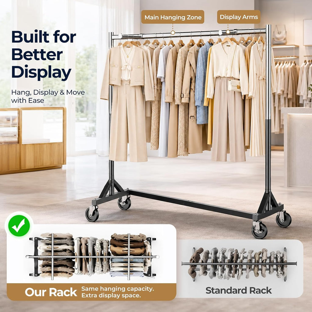 Z Rack for Clothes Heavy Duty Hold 500 LBS with Display Arms | Commercial Clothes Rack with Wheels Rolling Clothing
