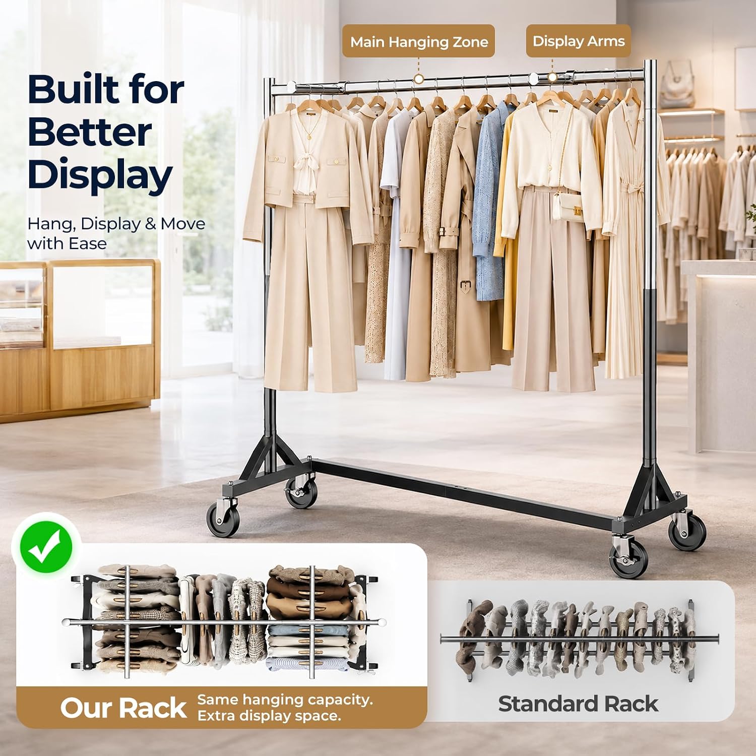 Z Rack for Clothes Heavy Duty Hold 500 LBS with Display Arms | Commercial Clothes Rack with Wheels Rolling Clothing