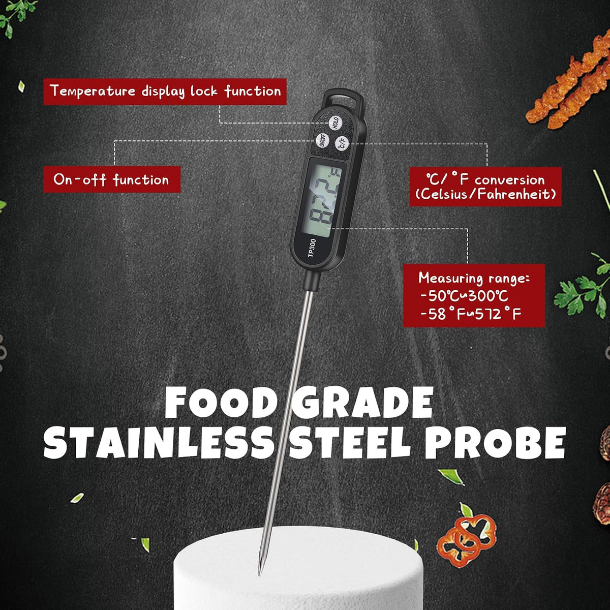 6 Pcs Food Thermometer Instant Read Probe BBQ,Black