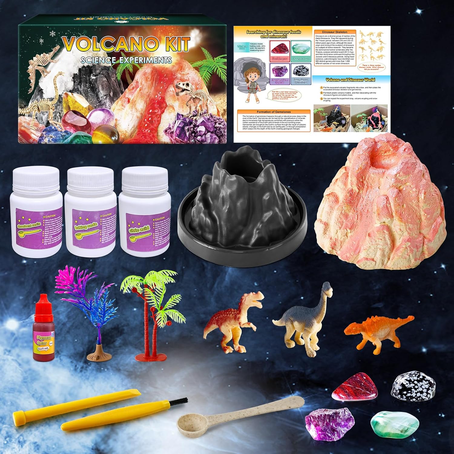 Erupting Volcano Science Kit for Kids | Gemstone Donosaur Dig Volcano, Snow Eruption Volcano, Chemistry Experiment