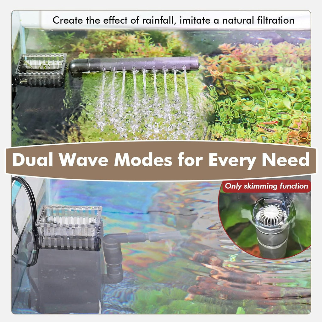 Aquarium Surface Skimmer up to 50 Gallon Aquariums, 132GPH Flow Skimmer with Dual Outlet & Wave Maker Function, 6W