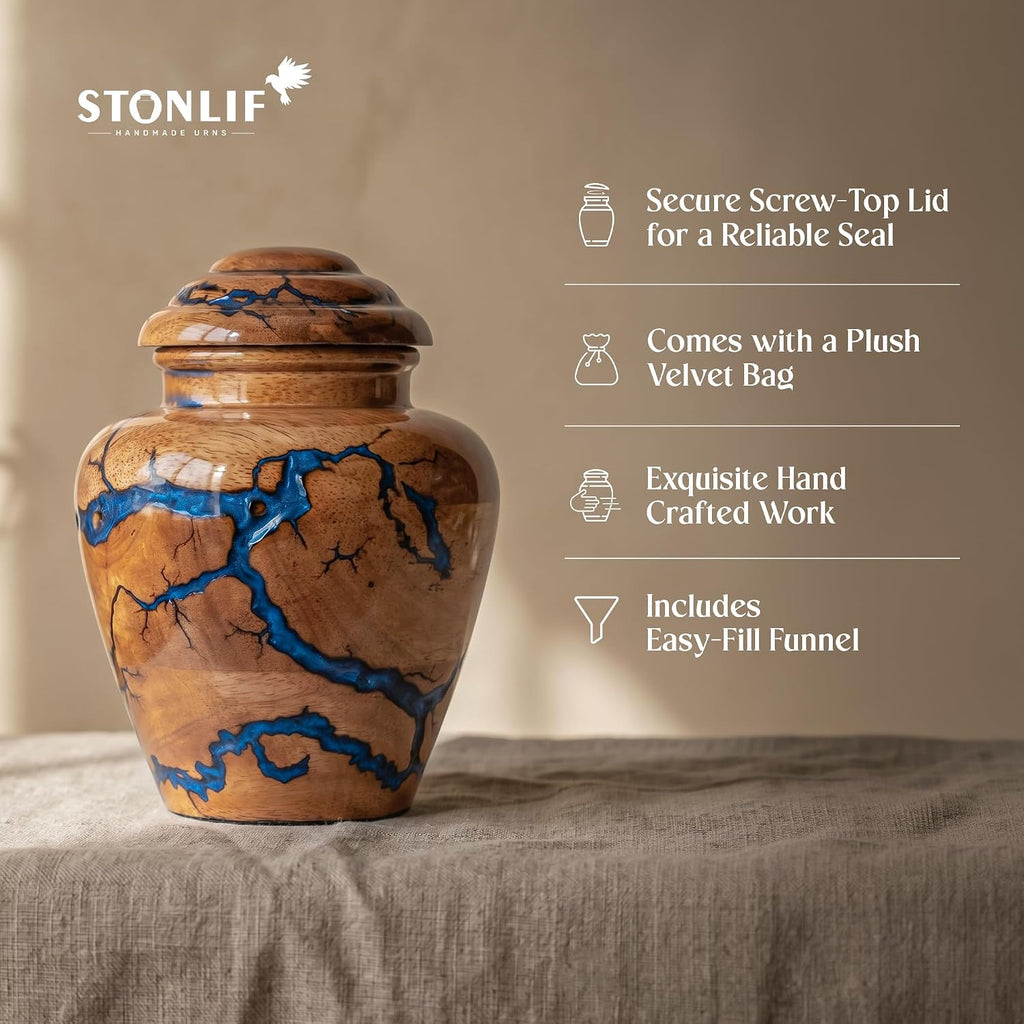 Small Keepsake Urn for Human Ashes Adult - Handcrafted Wooden Mini Urn (20 Cubic Inches) - Blue Decorative Memorial