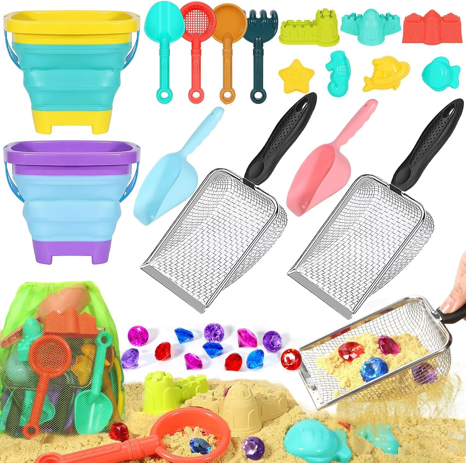 Beach Sand Toys Set,Travel Sand Toys Beach Essentials for Kids Age 3-10 | Sand Castle Building Kit with 2 Collapsible