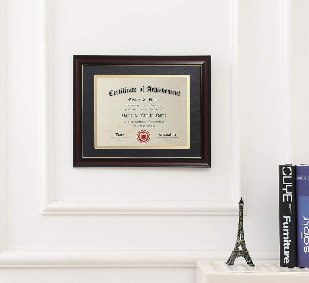 8.5x11 Diploma Frames with Mat Cherry Matte Black with Gold Rim | 8.5x11 Inch With Mat or 11x14 Inch Without Mat