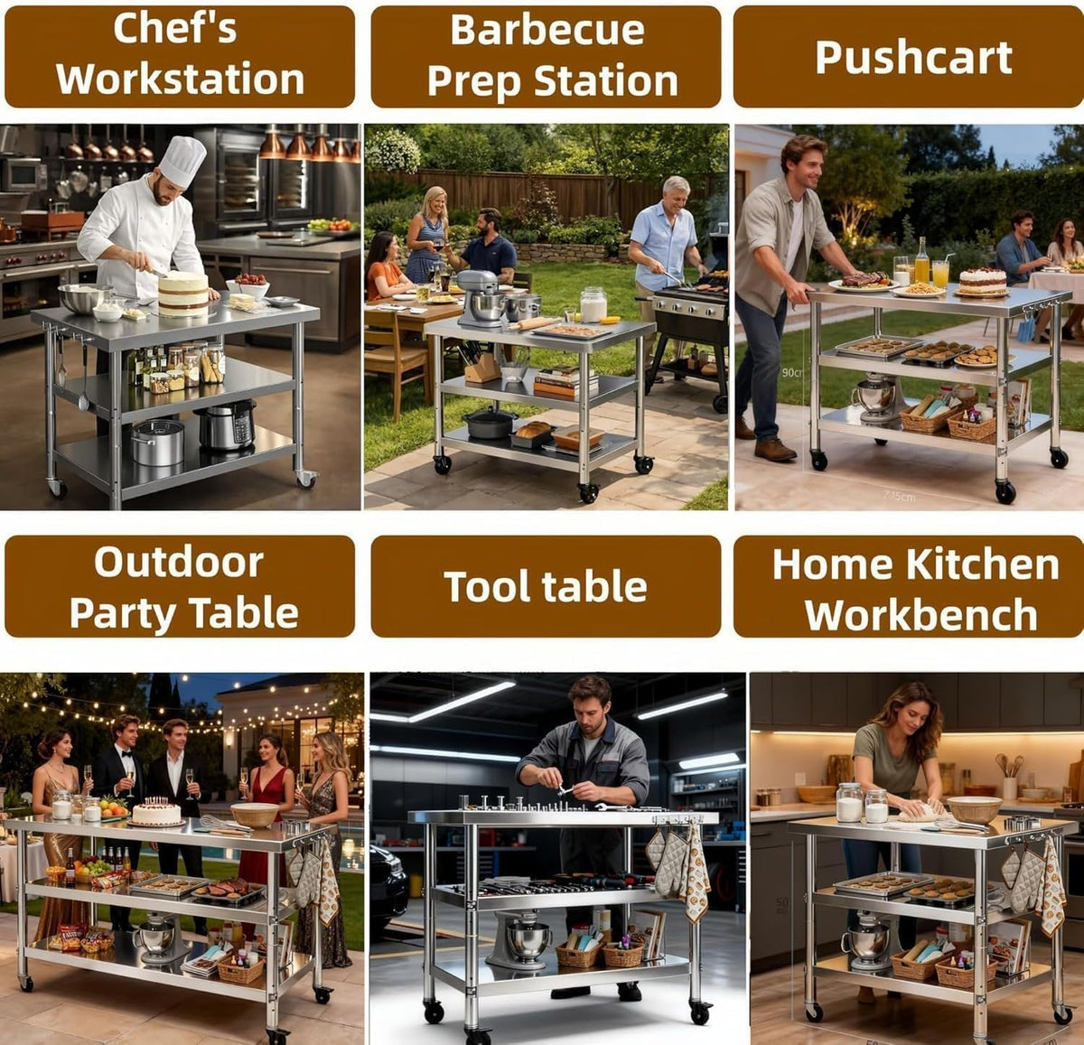 Stainless Steel Prep and Work Table,Kitchen,has Both Fixed Legs and Wheels