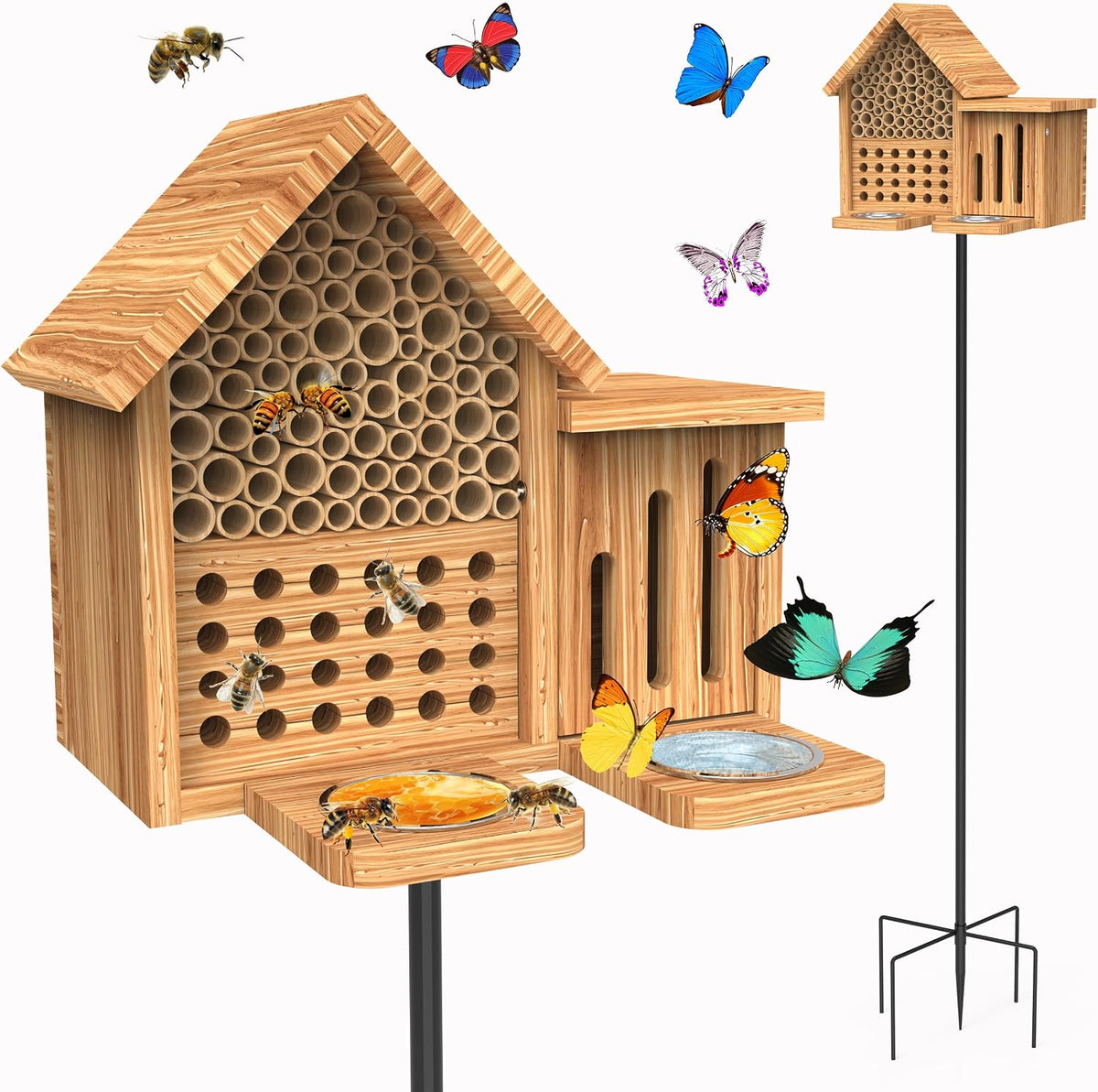 Mason Bee House Wooden Butterfly House with Feeders and Metal Stake, Insect Hotel for Garden Backyard, Natural
