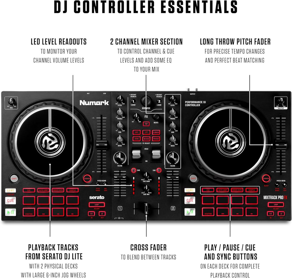 Mixtrack Pro FX DJ Controller | 2-Decks, 3-Band EQ DJ Mixer, 16 Pads, 2 Effects Paddles, Audio Interface, Serato DJ Lite