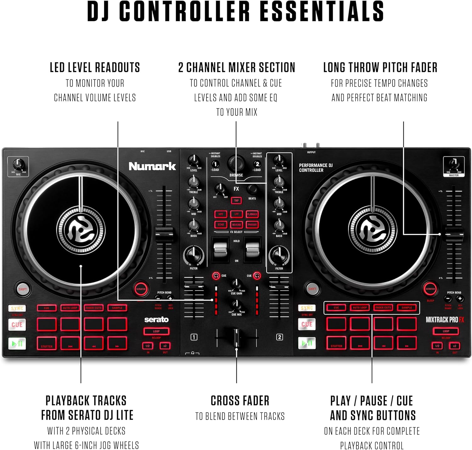 Mixtrack Pro FX DJ Controller | 2-Decks, 3-Band EQ DJ Mixer, 16 Pads, 2 Effects Paddles, Audio Interface, Serato DJ Lite