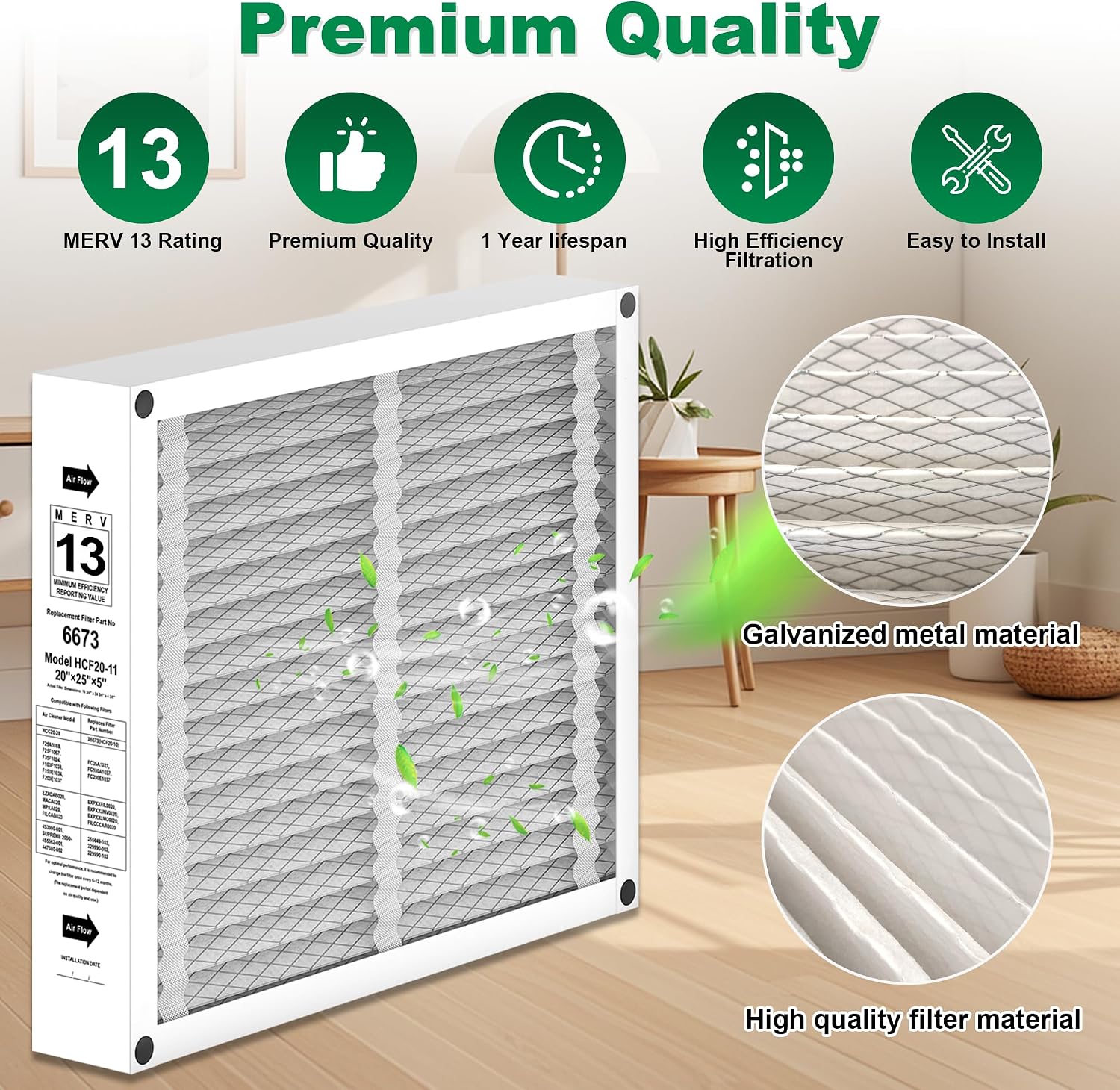 Lennox X6673 20x25x5 in. HVAC Furnace Replacement Air Filter | Foldable MERV 13 Filter, Low air resistance safeguards