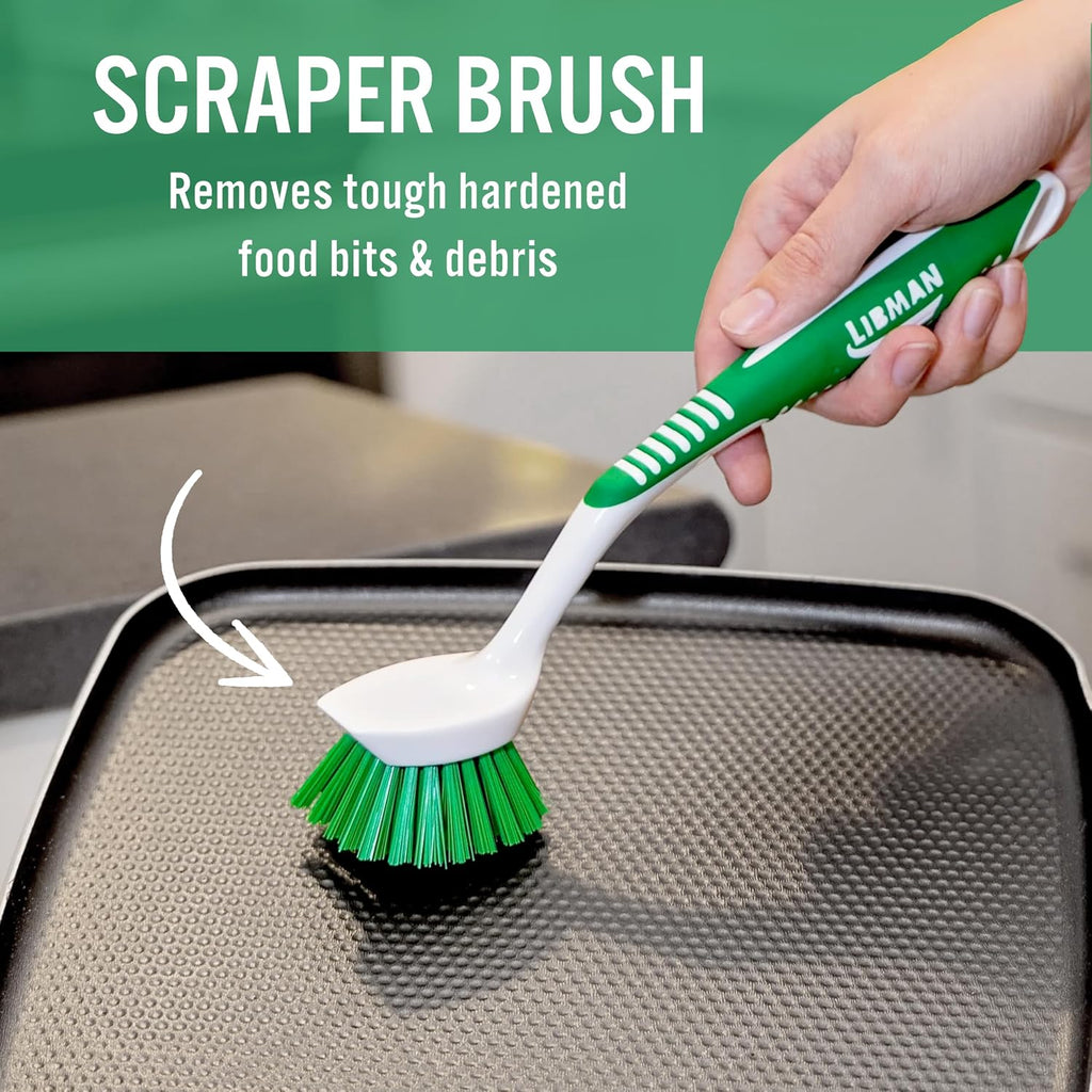 Libman Dish Brush Set with Long Handle - Deep Cleaning Brushes - Dish Scrubber & Scraper - Kitchen Scrub Brush for