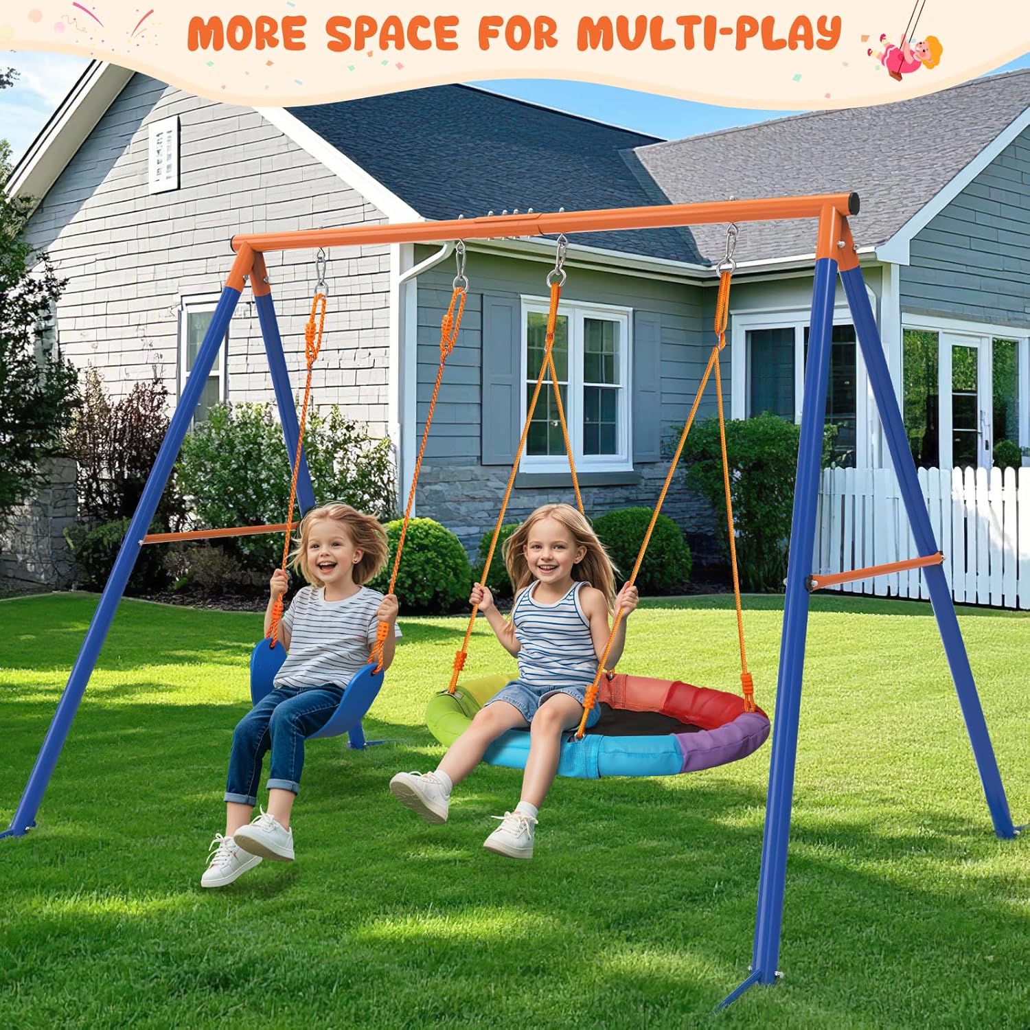 Swing Set for Backyard, 32" Saucer and Belt Seat, 440 lb Frame | 2 swing styles in one frame: 32" saucer for sharing