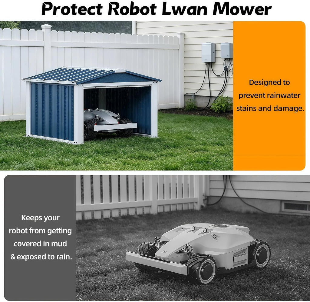 Metal Robot Mower Garage, 3 x 3 FT, Blue | Open-front steel shelter for robotic mowers; 33.07"D x 33.14"W x 24"H