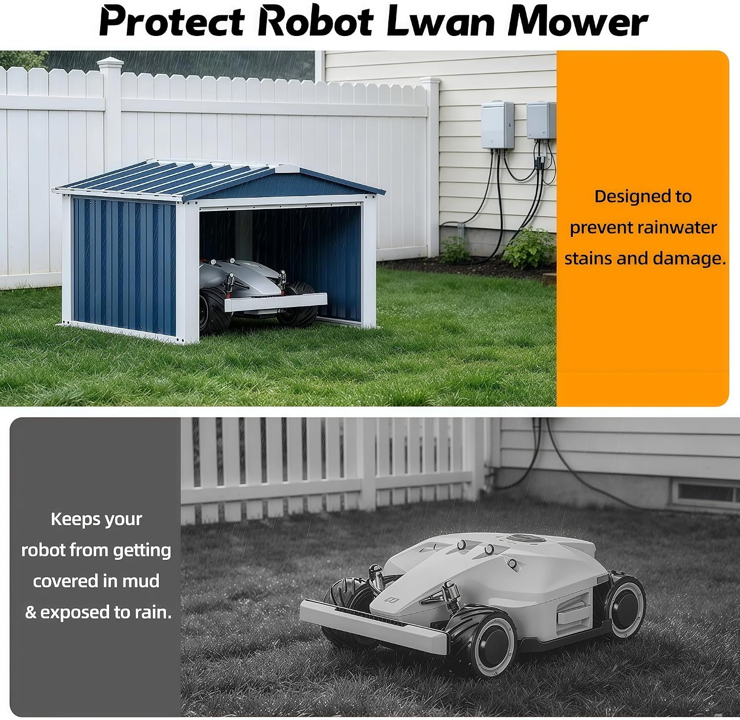 Metal Robot Mower Garage, 3 x 3 FT, Blue | Open-front steel shelter for robotic mowers; 33.07"D x 33.14"W x 24"H