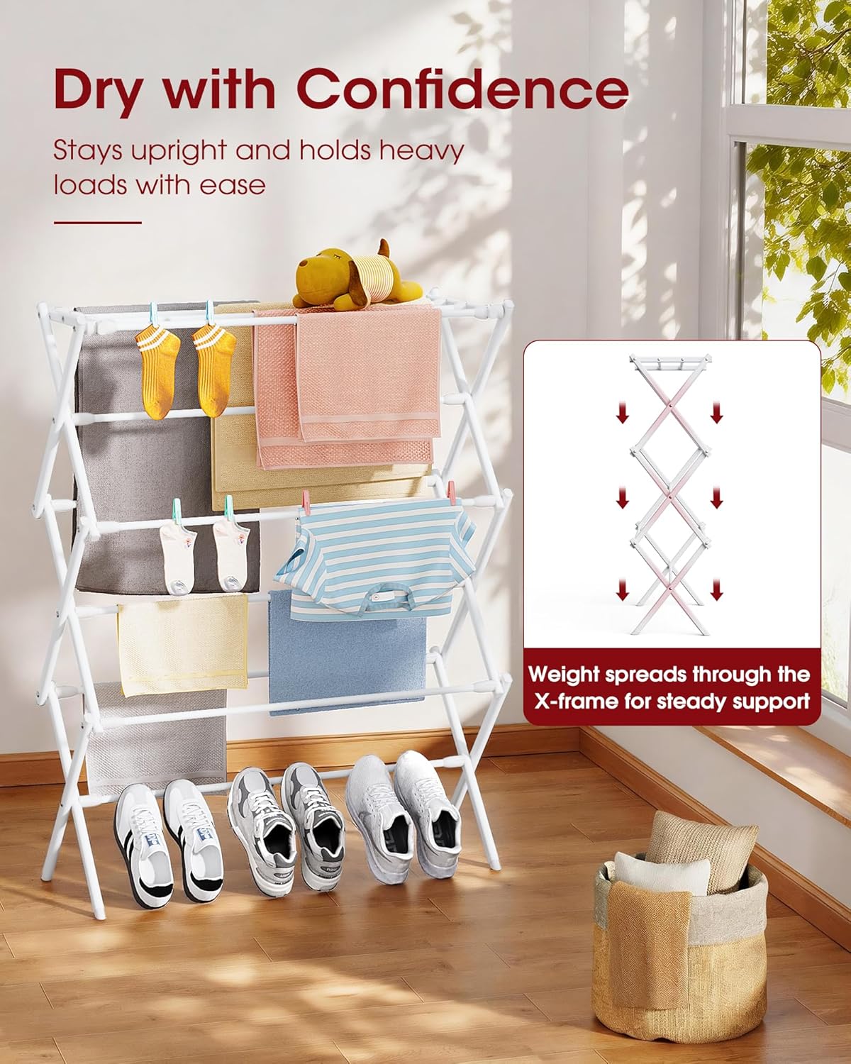 Foldable 3-Tier Clothes Drying Rack 37.4" H with Non-Slip Feet | Indoor & Outdoor Use, Space Saving, Metal Frame