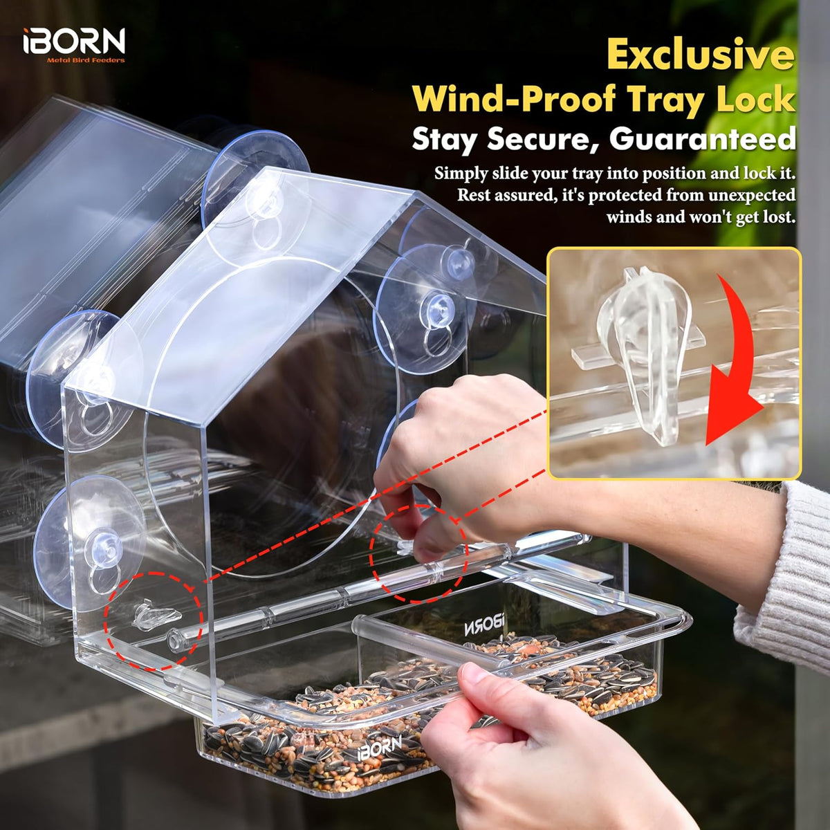 Large Window Bird Feeder w/Wind-Proof Tray Lock, Chew-Resistant PC, 1.2LB