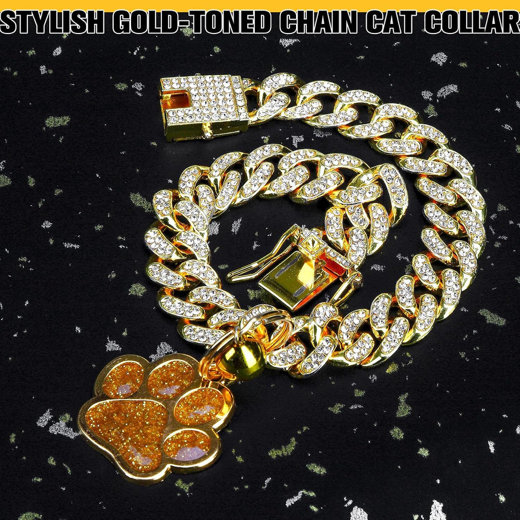 Cat Collar Chain,Diamond Gold Glitter Collar Walking Metal with Secure Buckle Link Cuban Pet Rhinestones Necklace