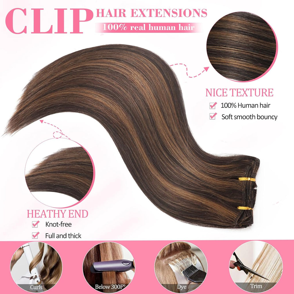 Clip in Hair Extensions Real Human Hair Dark Brown Highlights for Women | Seamless, Balayage, 100% Human Hair