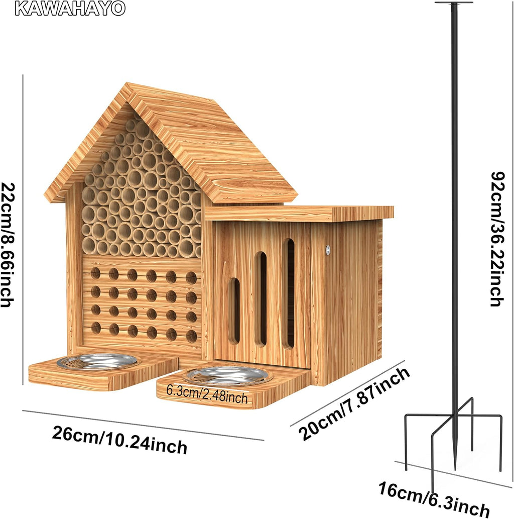 Mason Bee House Wooden Butterfly House with Feeders and Metal Stake, Insect Hotel for Garden Backyard, Natural