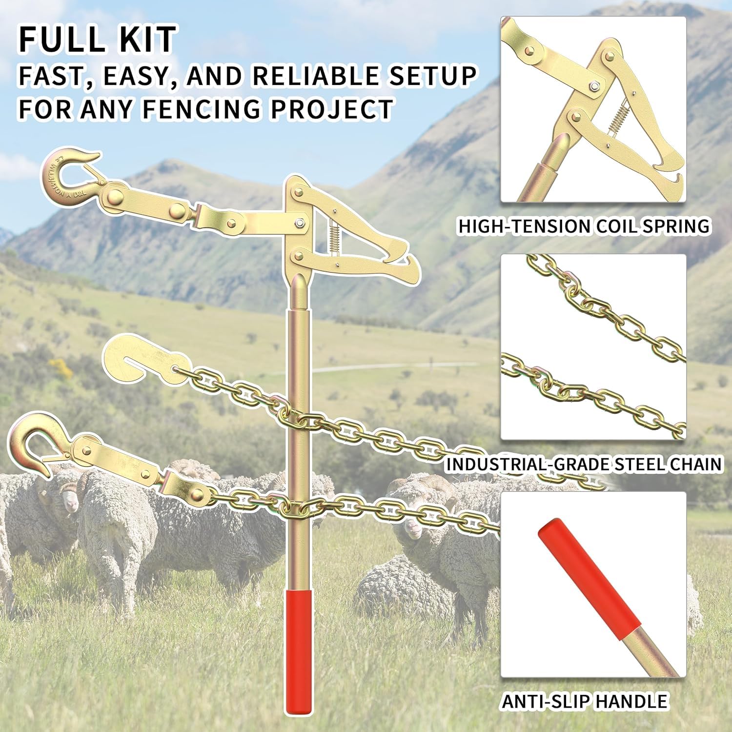 Fence Stretcher Bar Puller, 19.7ft Chain, 2200 lbs Wire Tensioner for Barbed & Chain-Link Fence Repair, Heavy-Duty