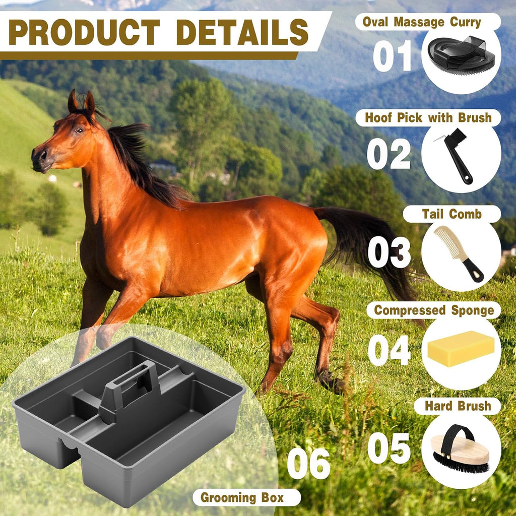 Horse Grooming Kit with Tote Bag, 6-Piece Horse Care Set with Brush, Comb & Hoof Pick, Portable Grooming Supplies