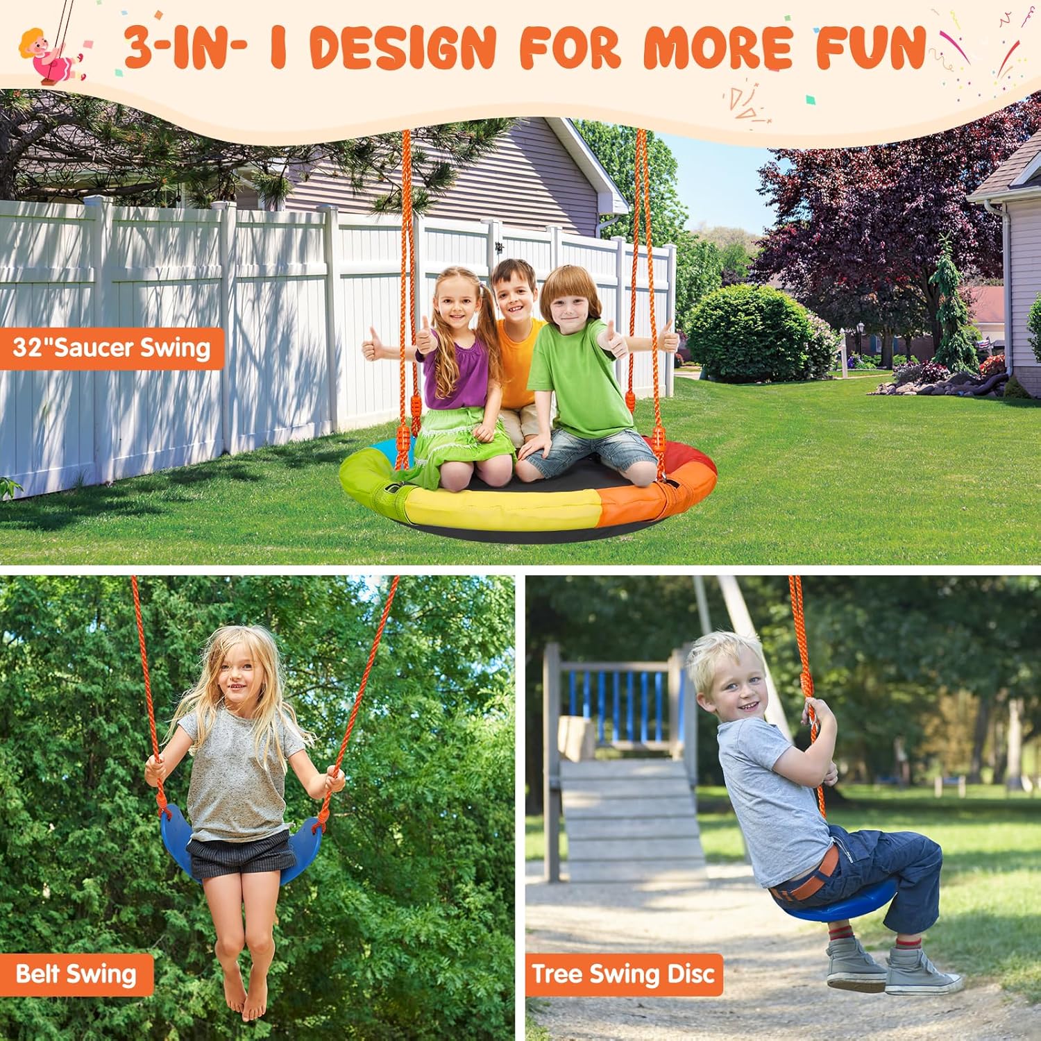 Swing Sets for Backyard, 3 Seats with Saucer, Belt and Disc Swing | 3 stations for larger families: 32" saucer, 26"